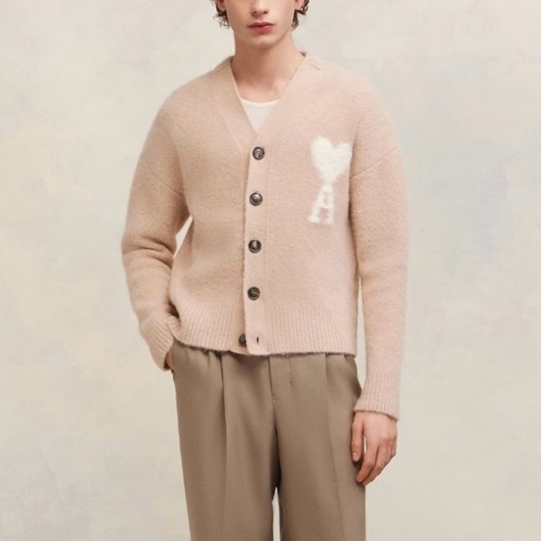 아미 남/녀 핑크 브이넥 가디건 - Ami Unisex Pink Cardigan - amc112x