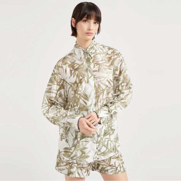 브루넬로 쿠치넬리 여성 실크 허바리움 프린트 폰지 셔츠 - Brunello Cucinelli Womens Silk Herbarium Print Pongee Shirt With Shiny Cuffs - brc6910x