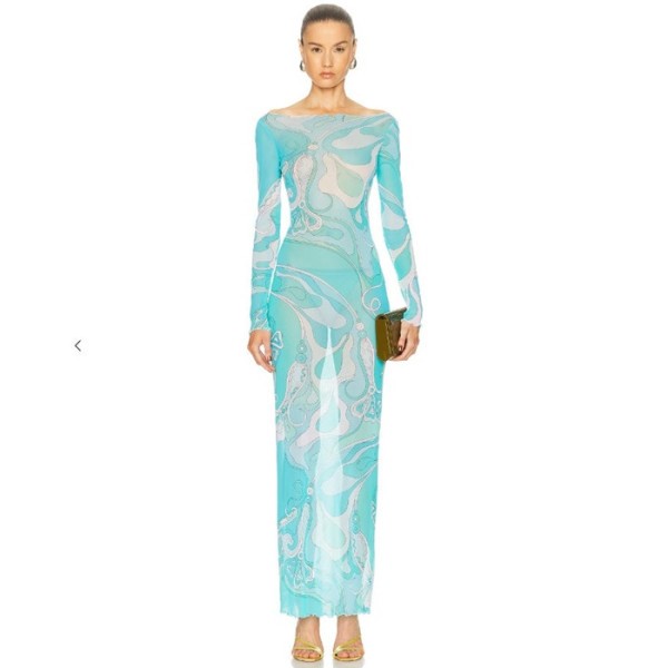푸치 여성 러플 프린트 튤 맥시 드레스 - Pucci Womens Ruffled Printed Tulle Maxi Dress - puc14565x